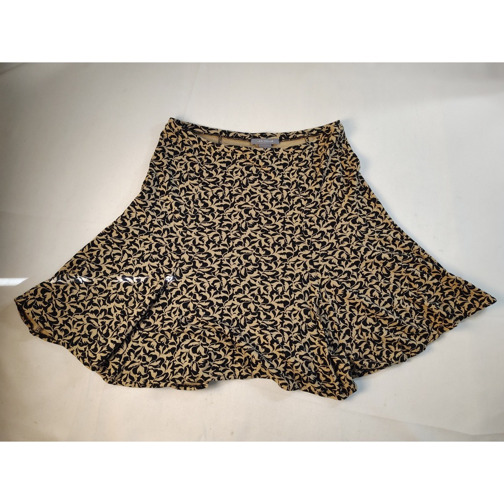 Ann Taylor A-Line Mini Skirt Tan Black Damask Leaf Print Stretch Knit Casual XS